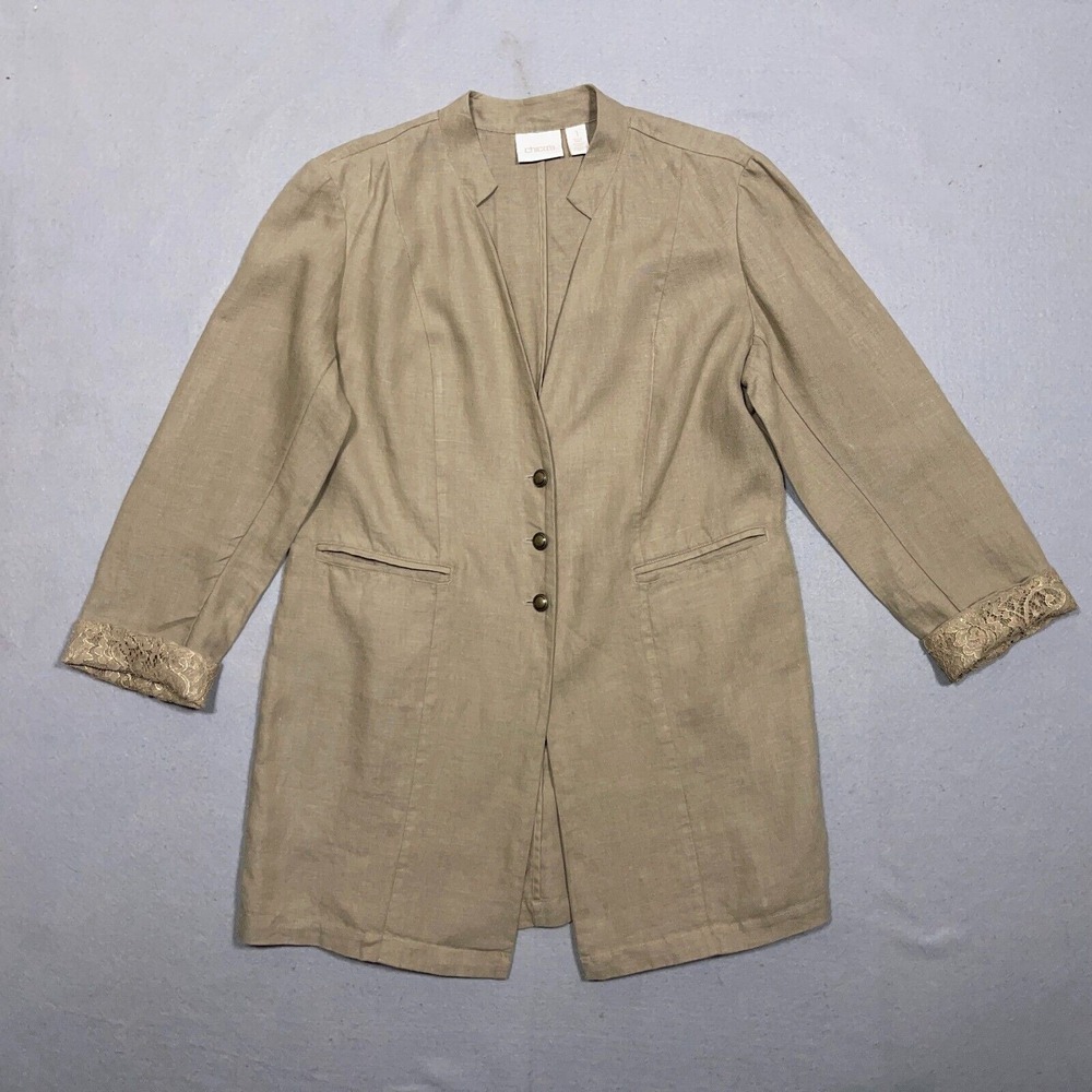 Chicos Linen Blazer Women 1 Medium Relaxed Longline Tan Beige Minimalist Coastal